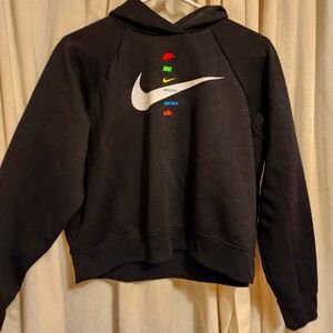 Boys Nike hoodie with colorful swooshes and “Just Do It” front graphic, size sm